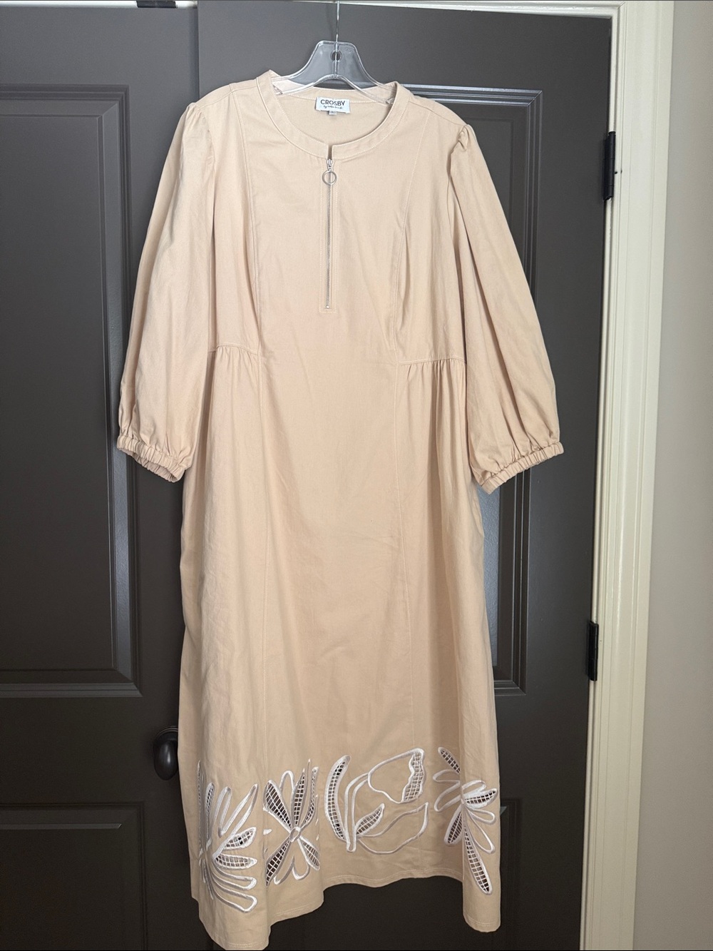 CROSBY by Mollie Burch Beige Long Sleeve Midi Dress with Hem Cutwork